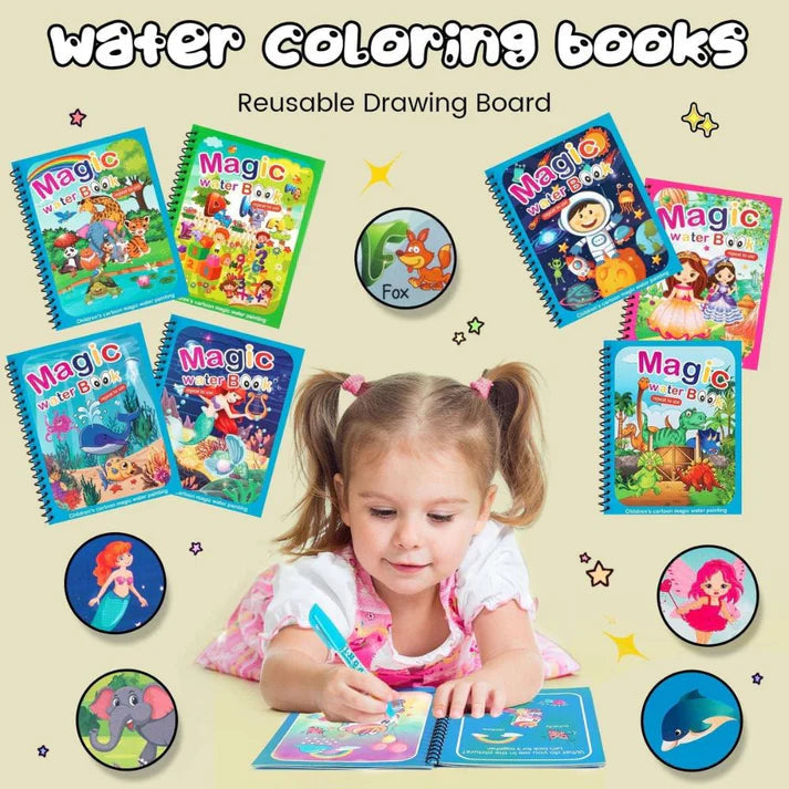 Reusable Magic Coloring Water Book (Pack Of 6 Books + 6 Pens)